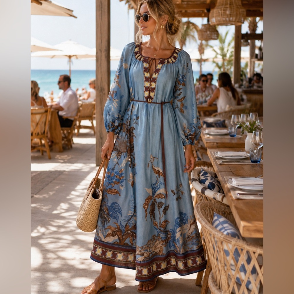 Alemais Light Blue Floral Boho Maxi Dress with Embroidered Trim L/XL oversized